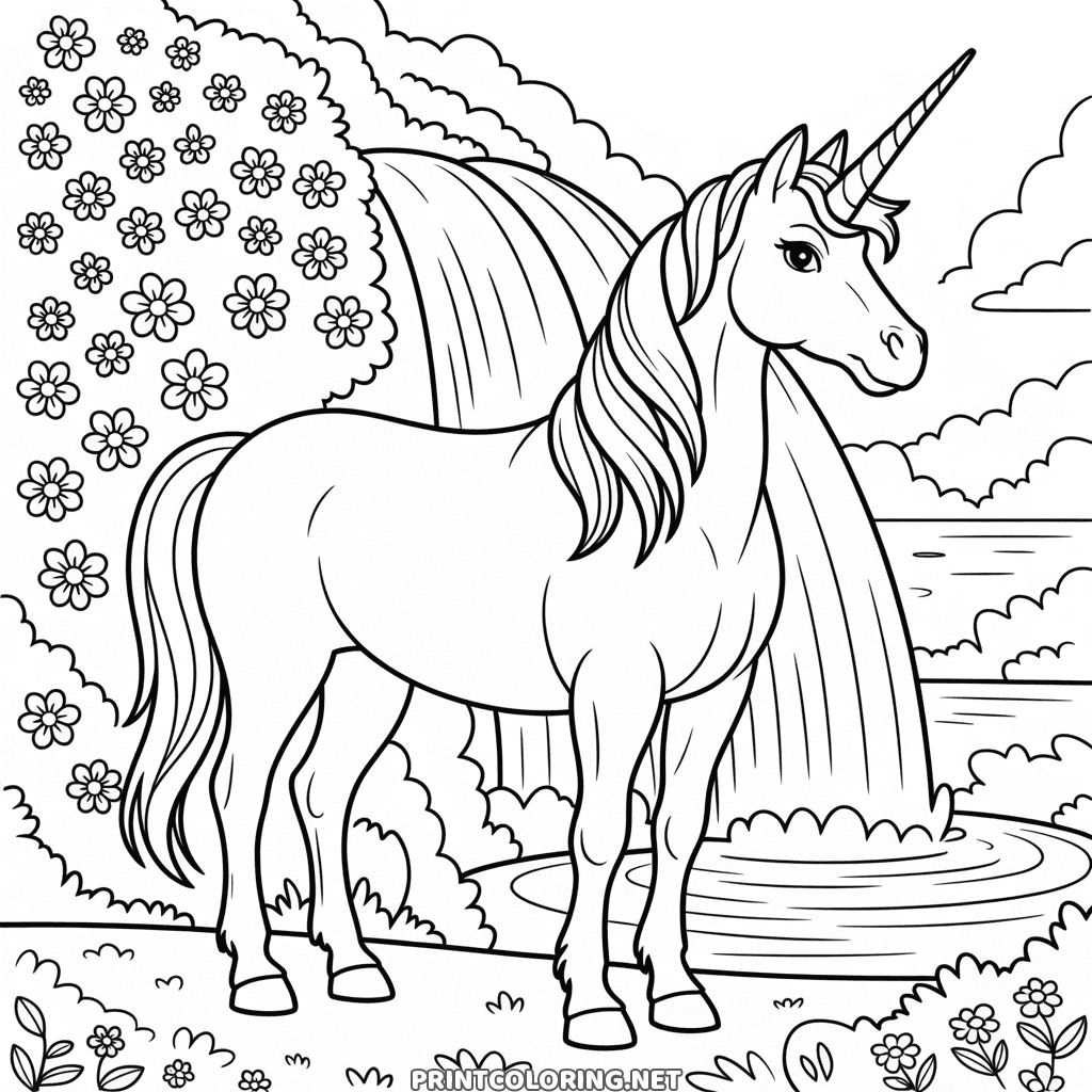 Realistic Unicorn by the Waterfall